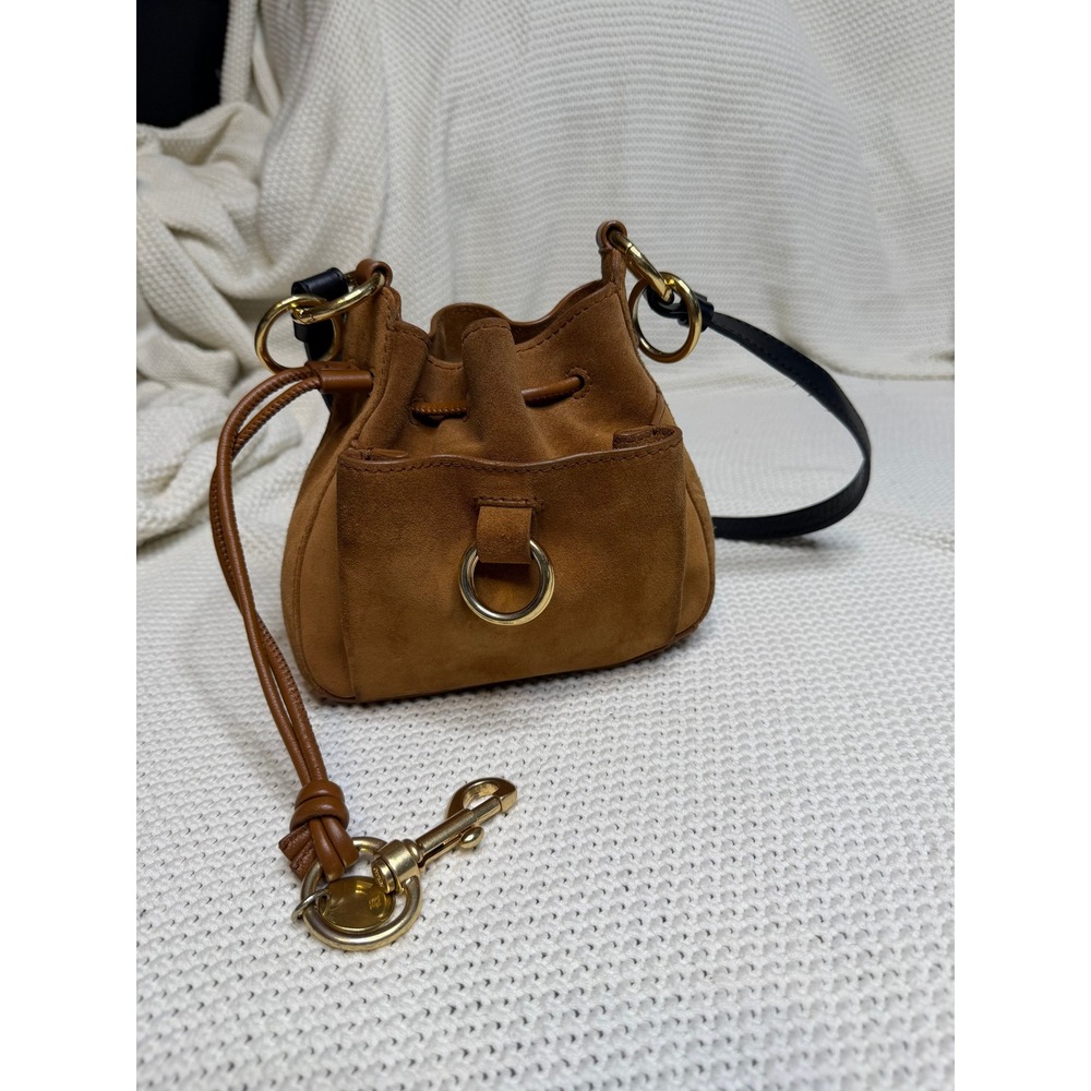 See By Chloe Tony Small Bucket Bag Brown Suede Leather Crossbody Gold Hardware